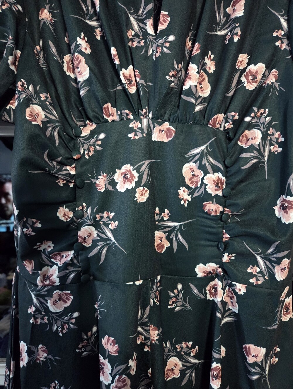Unique Vintage Dark Green Floral Midi Dress - Picture 6 of 6
